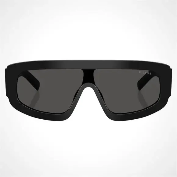 New PRADA Sunglasses Black Shield Mask Triangle Logo Grey Lens